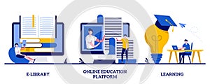 E-library, online education platform, learning concept with tiny people Internet bookstore abstract vector illustration set.