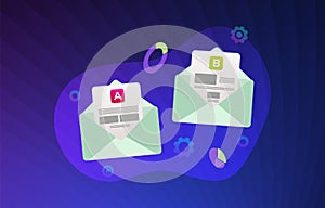 E-mail AB split testing illustration concept - two promotional mails with a different web development UI interface