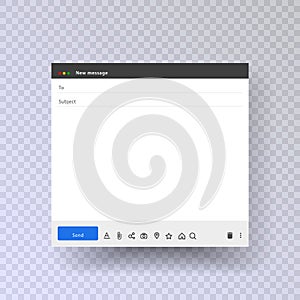 E-mail blank template internet mail frame interface for mail message. Email message interface with send form template.