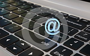 E-mail 3d concept, email icon on the laptop keyboard, 3d rendering