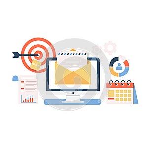 E-Mail Marketing Campaign flat illustration. Process of sending a letter to the target audience. Vector concept of mail