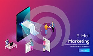 E-Mail marketing concept based web banner design, isometric smartphone, advertising way to attract customer through email with be