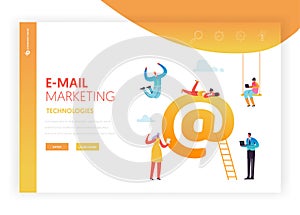 E-mail Marketing Concept Landing Page Template. Mail Services Mobile App Banner with Characters Advertising, Promoting