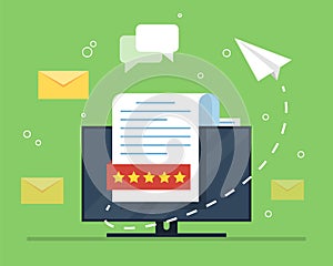 E-mail marketing. The concept of an open e-mail with a nested document against the backdrop of a computer monitor and a