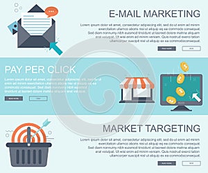 E mail marketing, pay per click and market targeting banners. Flat vector