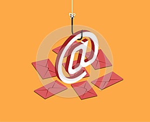 E-mail symbol on fishing hook over yellow background and envelopes. Scam, spam and phishing concept