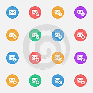 E-mail vector flat icons on the color substrate set of 16