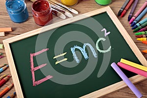 E=mc2 formula written in chalk on small blackboard