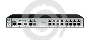 E1 multiplexer switch for Ethernet streams and packets. Has 2 SFP ports, 4 Ethernet ports RJ45, 16 E1 ports RJ45. photo
