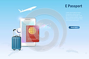 E passport, electronic passport on smartphone with luggage and airplane. Digital official passport online for traveling. Smart tra