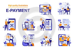 E-payment web concept with people scenes set in flat style. Bundle of secure mobile payment with credit card, paying digital