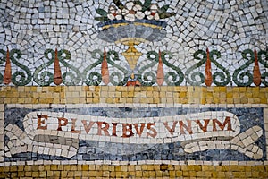 E pluribus unum inscription mosaic close up photo