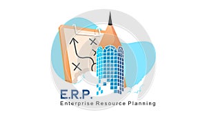 E.R.P. Enterprise resource planning concept skyscraper building pencil shape with big thext typography clean vector illustration
