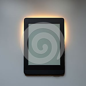 An e-reader device with a rectangular, black frame is positioned against a plain photo