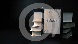 E reader. Digital e book, library reader tablet with books on dark background. Online education course, E learning class