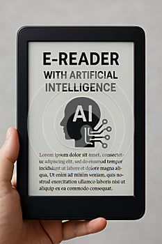 Hand holding an e-reader featuring text \