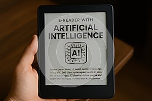 An e-reader held in a hand, displaying the text \