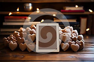 E reader positioned on wood desk with a heart shaped decorative element