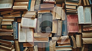 E-reader resting among piles of hardcover books, representing the fusion of traditional reading and modern technology photo