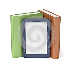 E-reader and two books on white