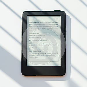 E-reader with a visible screen displaying text in Lorem Ipsum, set on a white surface. photo