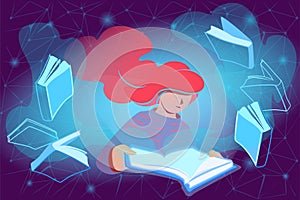 E reading concept in modern style. Woman reads online books. Distance education technology flat design. Virtual