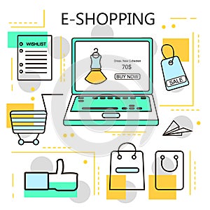 E-Shopping and Online Shopping Business. Internet and mobile marketing concept. For web and mobile phone services and apps.Vector