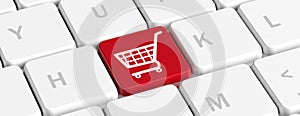 E shopping. Red key button with a shopping cart on a computer keyboard, banner. 3d illustration