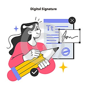 E-signature. Woman signing a legal document. Businesswoman signing