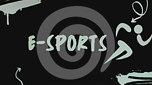 E-sports inscription on black background with flickering running man symbol. Graphic presentation. Sports concept