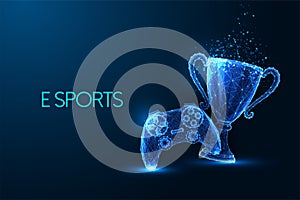 E sports, virtual gaming tournament futuristic concept with game controller and trophy cup