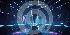 E-Sports winner trophy at studio illuminated by neon lights with blurred background. Generative AI
