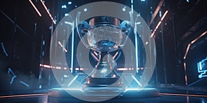 E-Sports winner trophy at studio illuminated by neon lights with blurred background. Generative AI