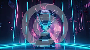 E-Sports winner trophy at studio illuminated by neon lights with blurred background. Generative AI