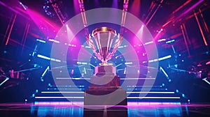 E-Sports winner trophy at studio illuminated by neon lights with blurred background. Generative AI