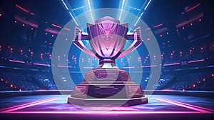 E-Sports winner trophy at studio illuminated by neon lights with blurred background. Generative AI