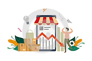 E-store profit loss, online shop decrease. E-marketing income crisis with small businessman concept vector flat illustration,