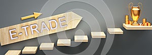 E trade leads to money and success in business and life - symbolized by stairs and a E trade sign pointing at golden money to show