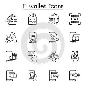 E-wallet, digital money, mobile banking icon set in thin line style