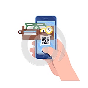 E-wallet, mobile payment, QR code, smartphone. Flat cartoon illustration vector graphic