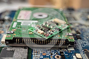 E-waste electronic, computer circuit cpu chip mainboard core processor electronics device, concept of data, hardware, technician