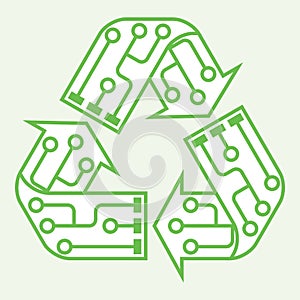 E-waste garbage icon. Old discarded electronic waste to recycling symbol. Ecology concept. Design by recycle sign with circuit