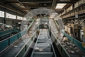 e-waste recycling center, with bins and conveyor belts for sorting and processing recyclable materials