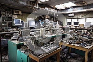 e-waste recycling center, with various electronic devices being broken down and sorted for reuse