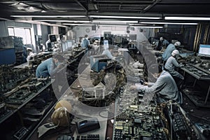 e-waste recycling facility, with workers sorting and dismantling electronic devices