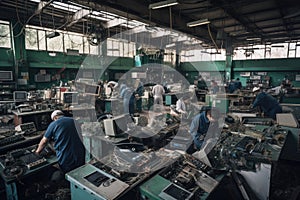 e-waste recycling facility, with workers sorting and dismantling various types of electronic equipment