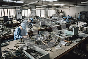 e-waste recycling facility, with workers sorting and repairing various electronic devices