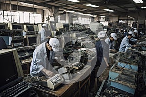 e-waste recycling facility, with workers sorting and repairing various electronic devices