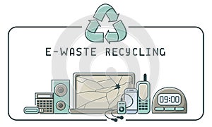 E-waste recycling icons set with electronics trash and lettering