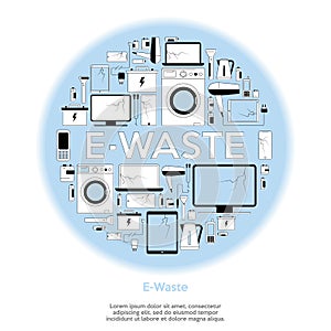 E-waste recycling icons set with electronics trash and text. Old appliances icons. Flat style. Vector illustration